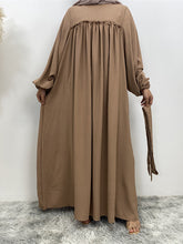 Elasticity Muslim Pleated Solid Color Split-Joint Tied Waist Bishop Sleeve Long Sleeves Round-Neck Maxi Dresses